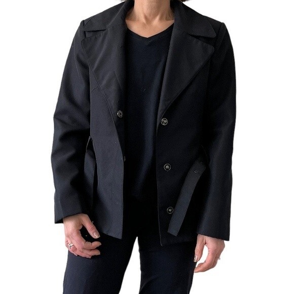 BENETTON Black Jacket Blazer Belted Snap Closure Lined Oversized Collar Size 44 - Picture 14 of 15